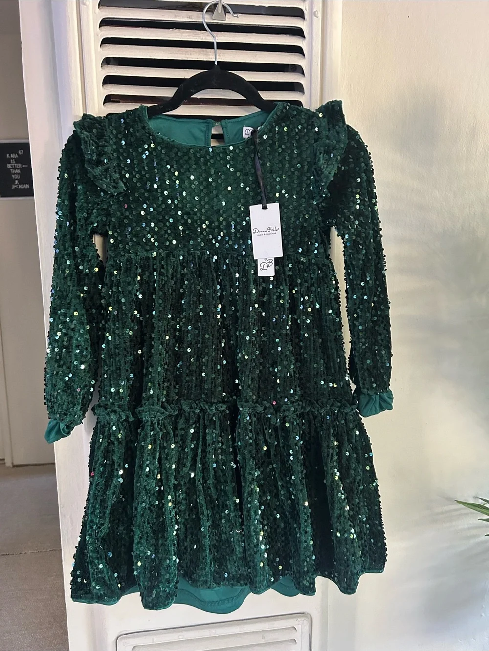 Annabelle Dark Green Sequin Tiered Long-Sleeve Dress
